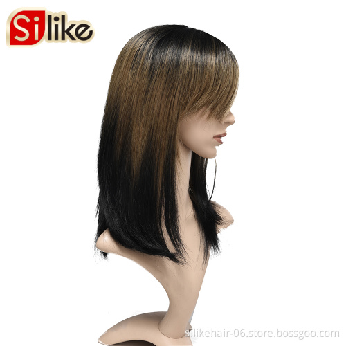 Natural As Real human wigs Hair 16 Inches Straight with Flat Bangs Synthetic Dyeing Gradient Short Straight Wigs Hair for Women